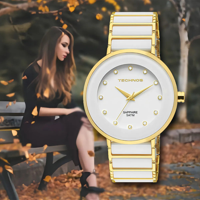 Relógio Feminino Technos Ceramic Branco Cor Da Correia Dourada E Branca Cor Do Bisel Dourado E Branco