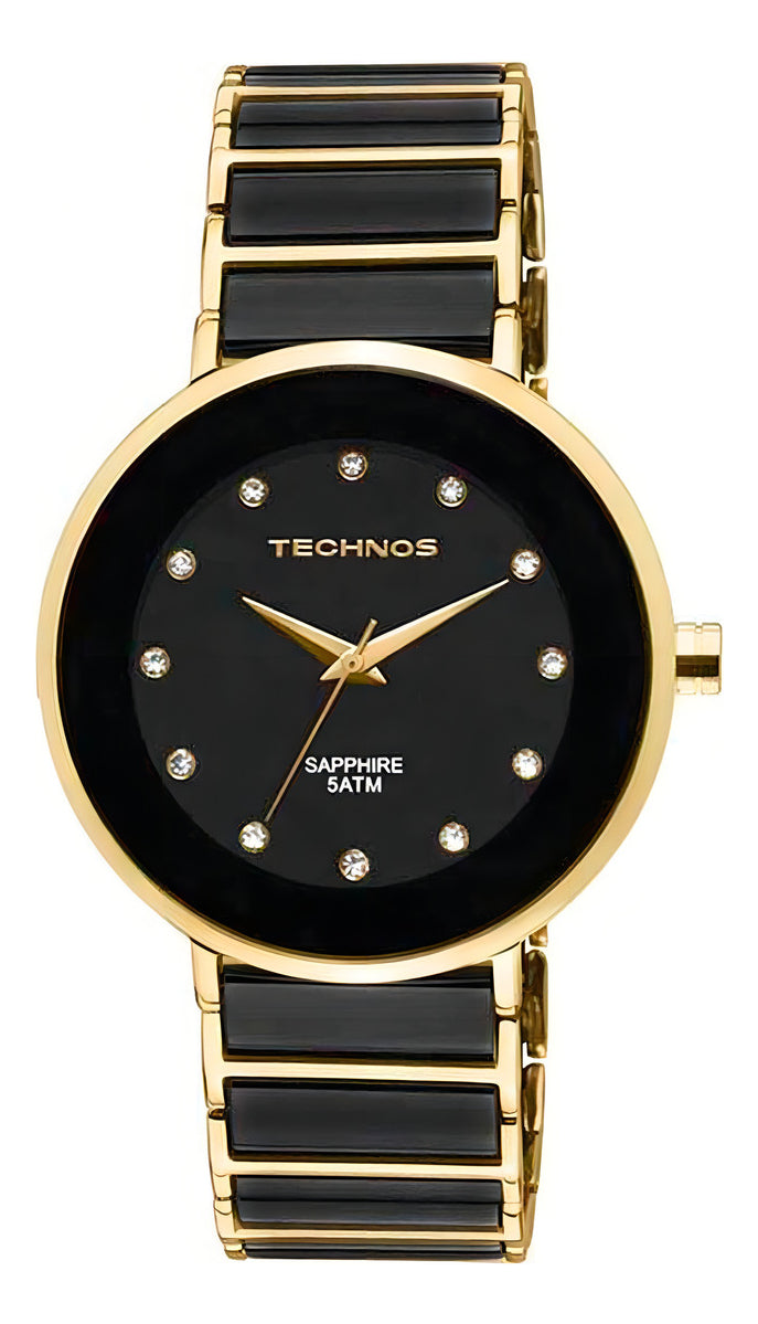 Relógio Feminino Technos Ceramic PRETO Cor Da Correia Dourada E preto Cor Do Bisel Dourado E PRETO